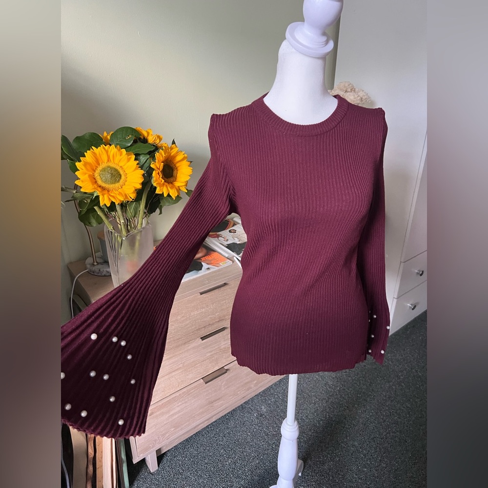 Crew Neck Ribbed Sweater with Pearl-Trim Bell Sleeves - Wine
